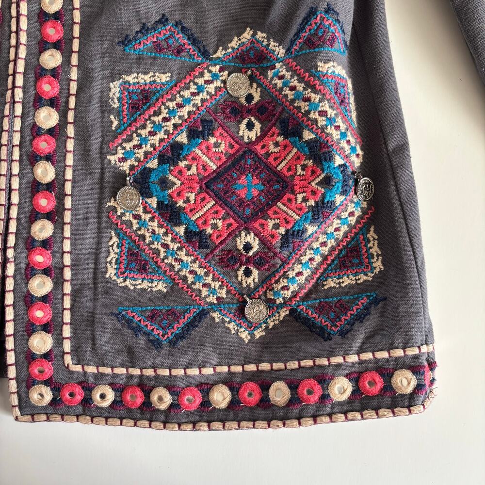 Indigo Moon Boho Decorated Front Pocket Blazer Jacket Women’s Medium Gray Multi - Picture 8 of 10